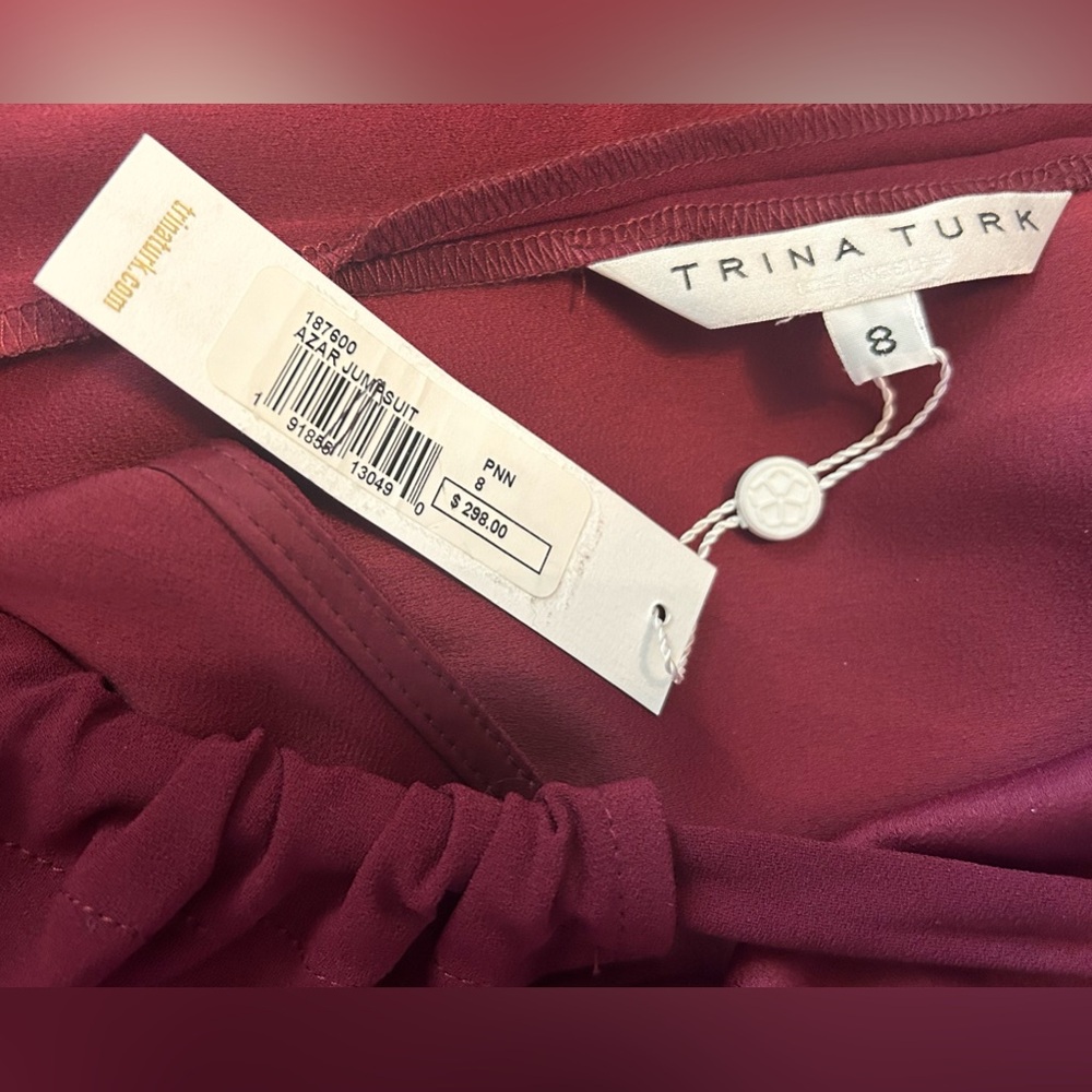 Trina Turk SZ 8 NWT burgundy “Azar Jumpsuit”. Bust 42”/PTP 21” flat/waist 40” - Picture 7 of 9